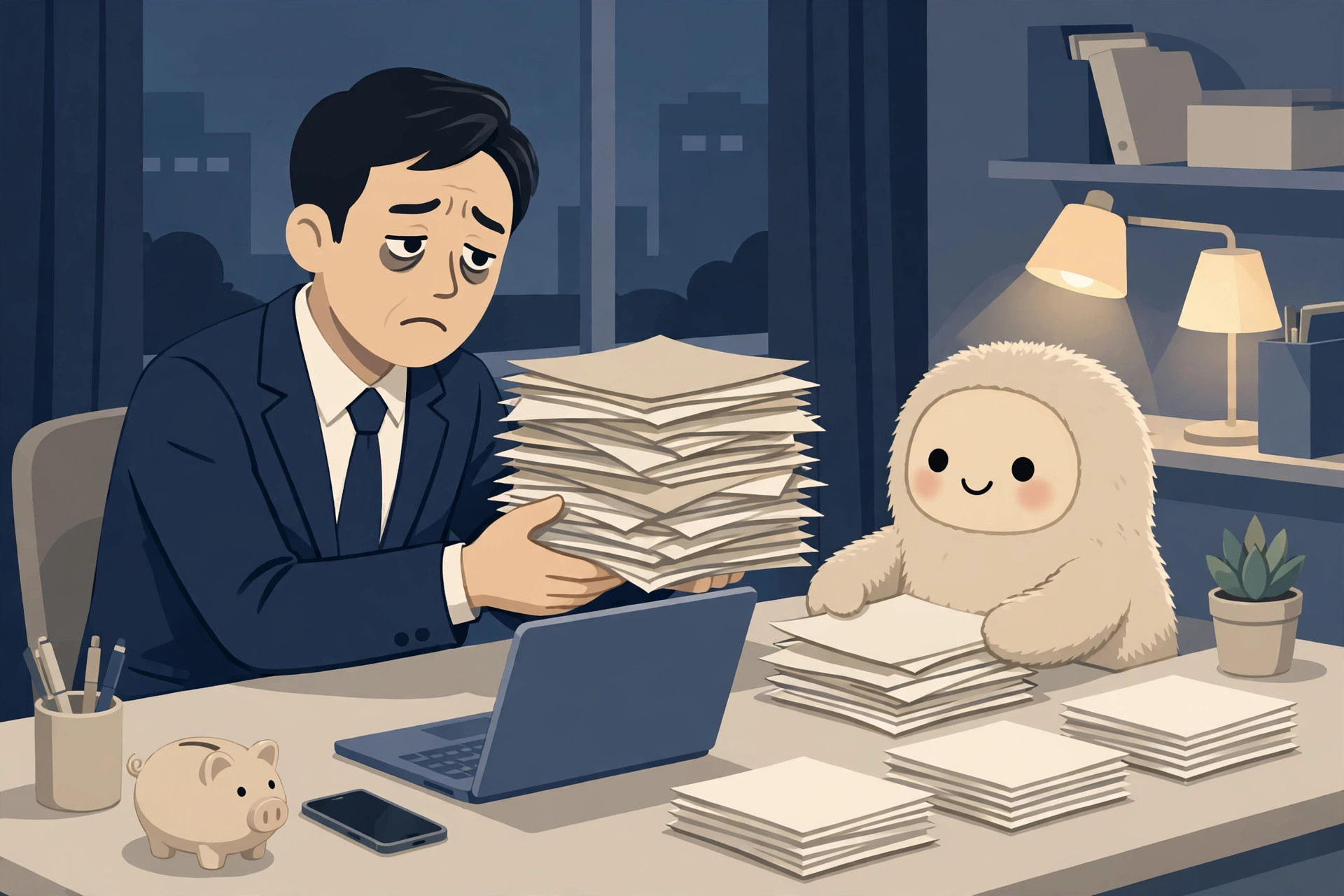 明細の山を仕分けるサラリーマンと助手
