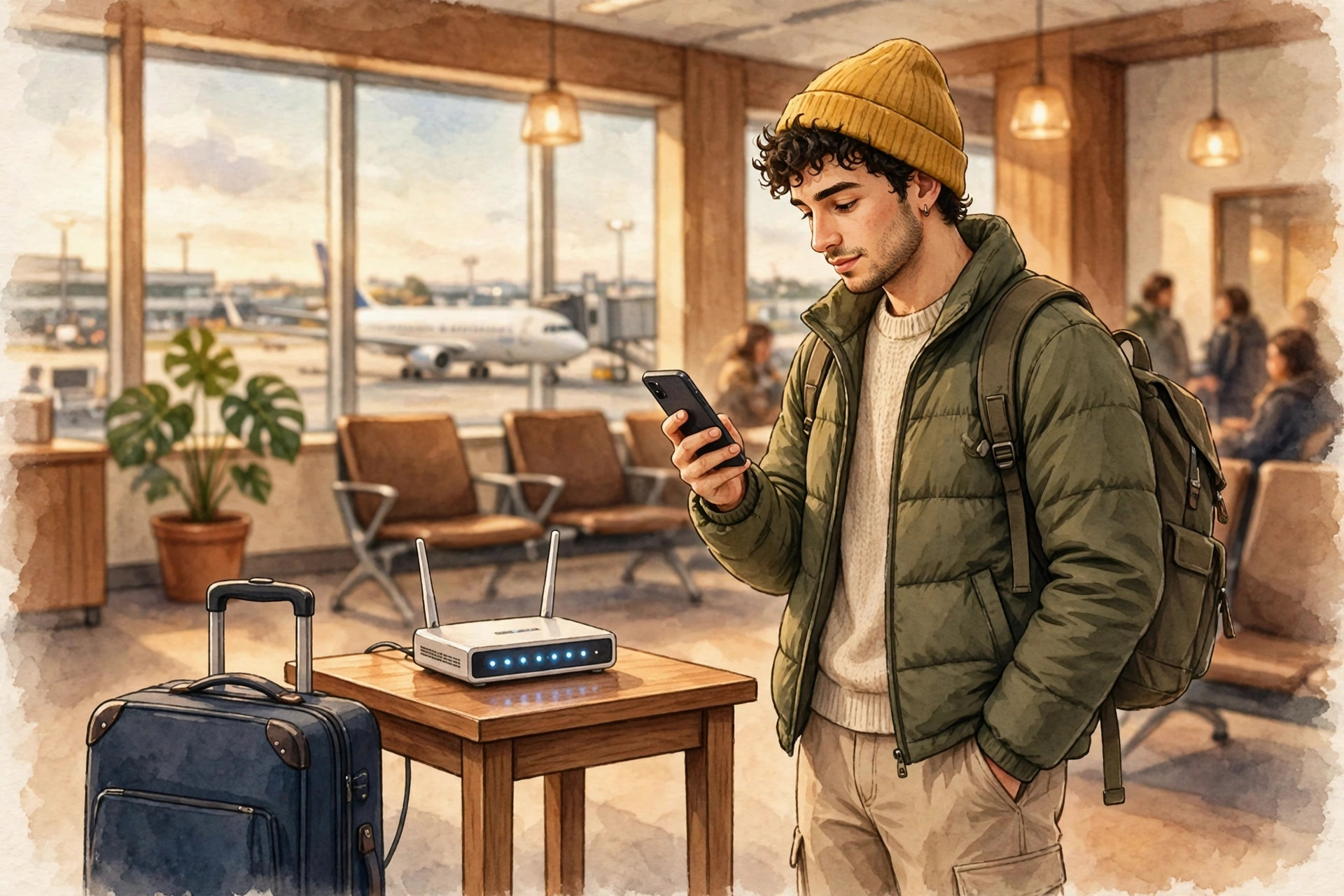 空港でスマートフォンを持つ旅行者とWi-Fiルーター