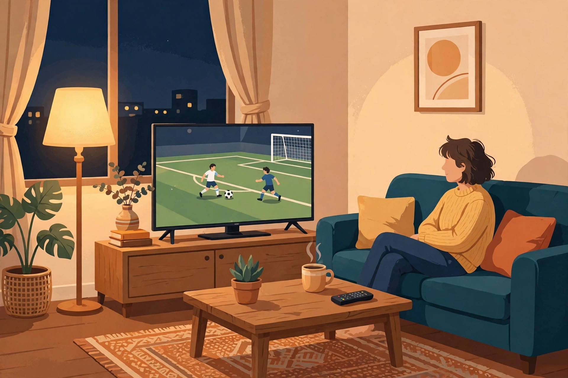 夜のリビングでサッカー中継を観る人